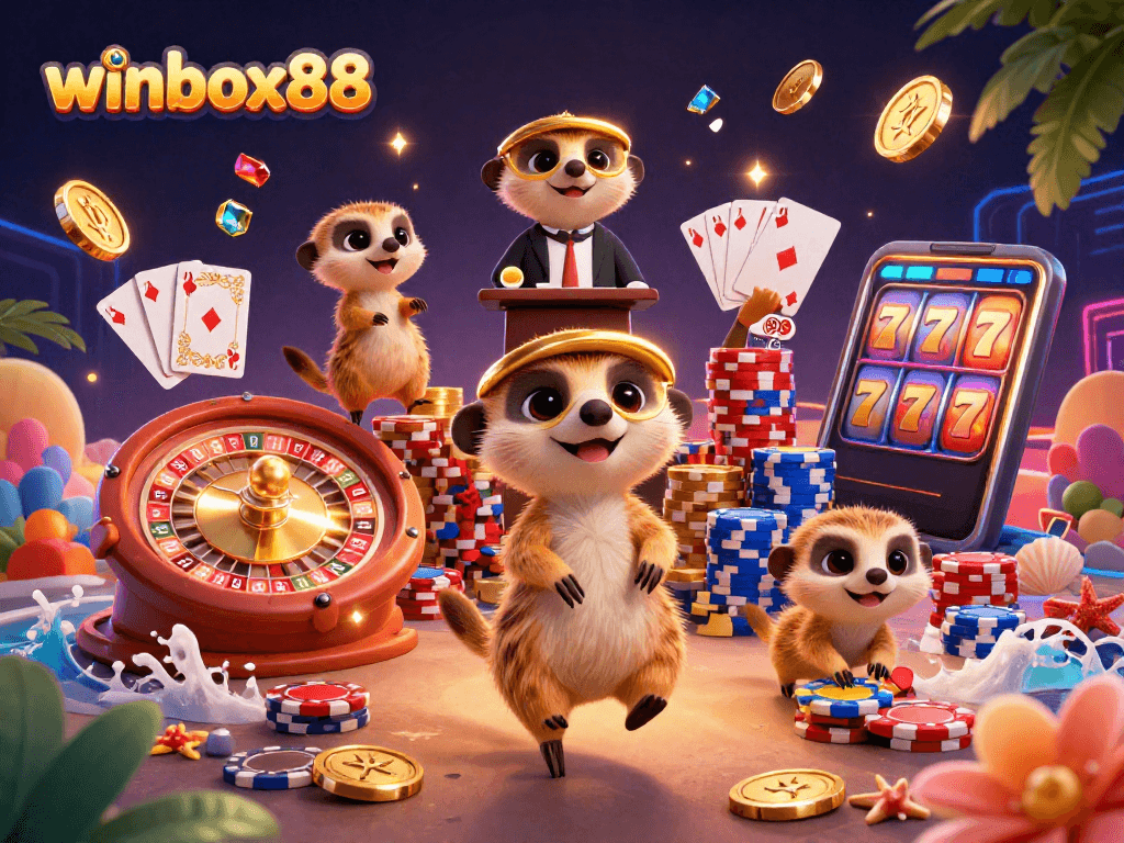 Engaging meerkats running the winbox88 casino with vibrant game elements and rich details.