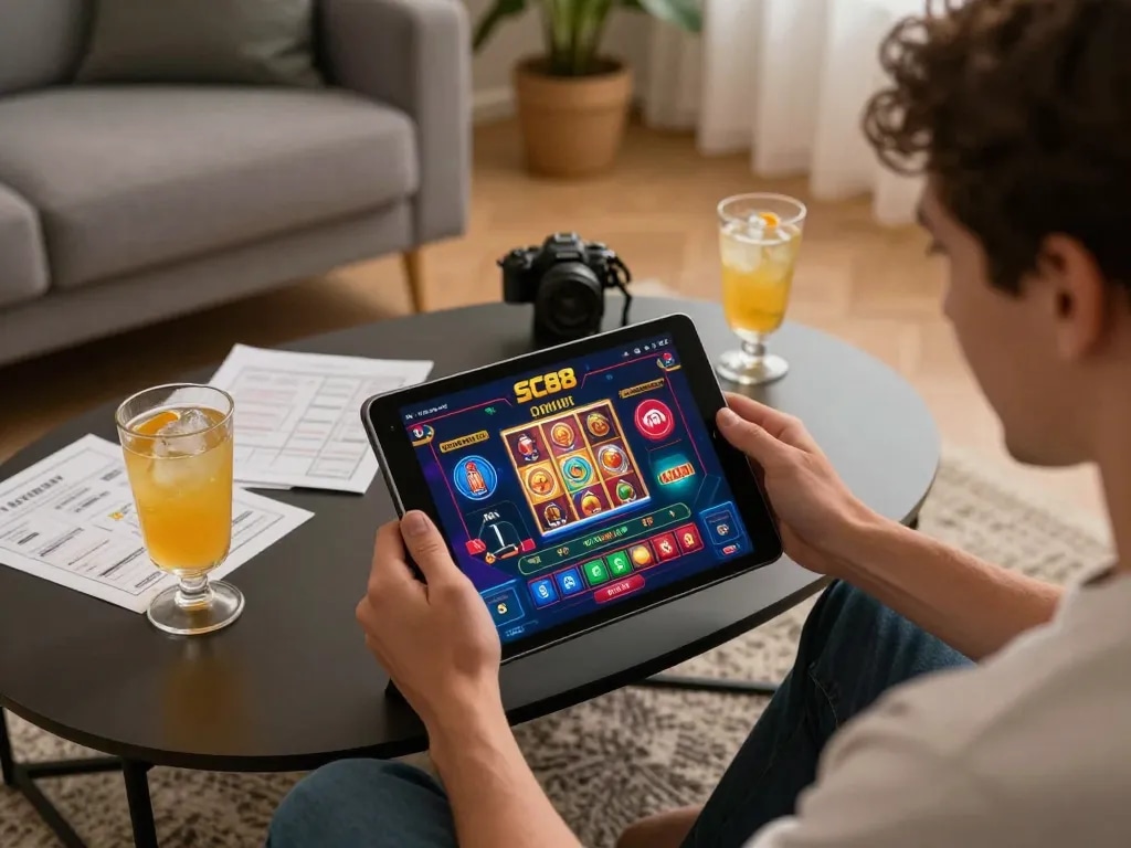 Person enjoying SC88's online gaming platform on a tablet with vibrant interface, showcasing responsible gambling at home