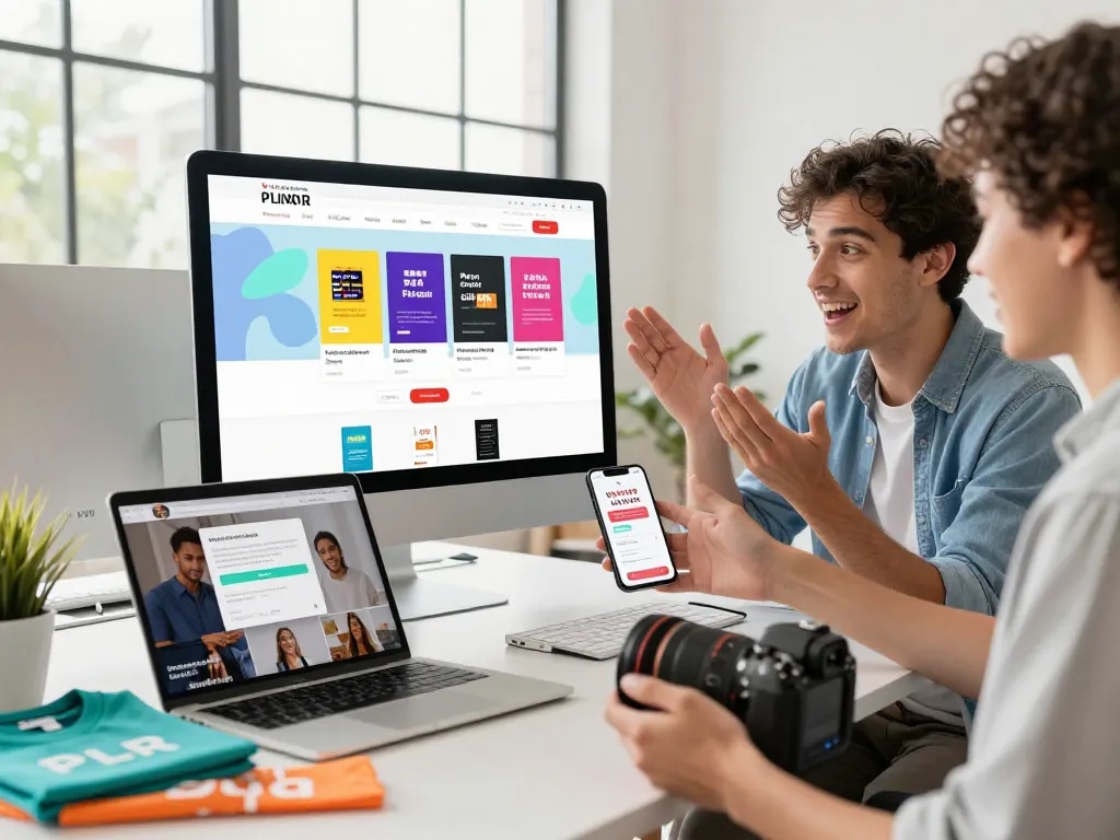 PLR Digital Products for Sale showcased in an engaging e-commerce workspace with an entrepreneur managing vibrant digital assets.