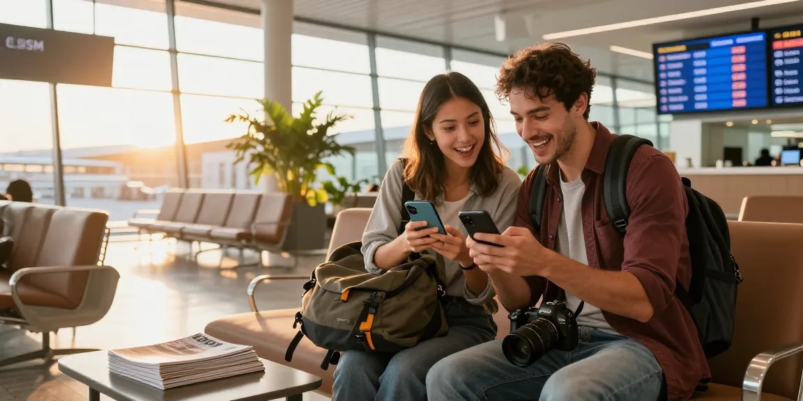 Couple exploring eSIM-Gutscheine options in airport lounge during sunrise.