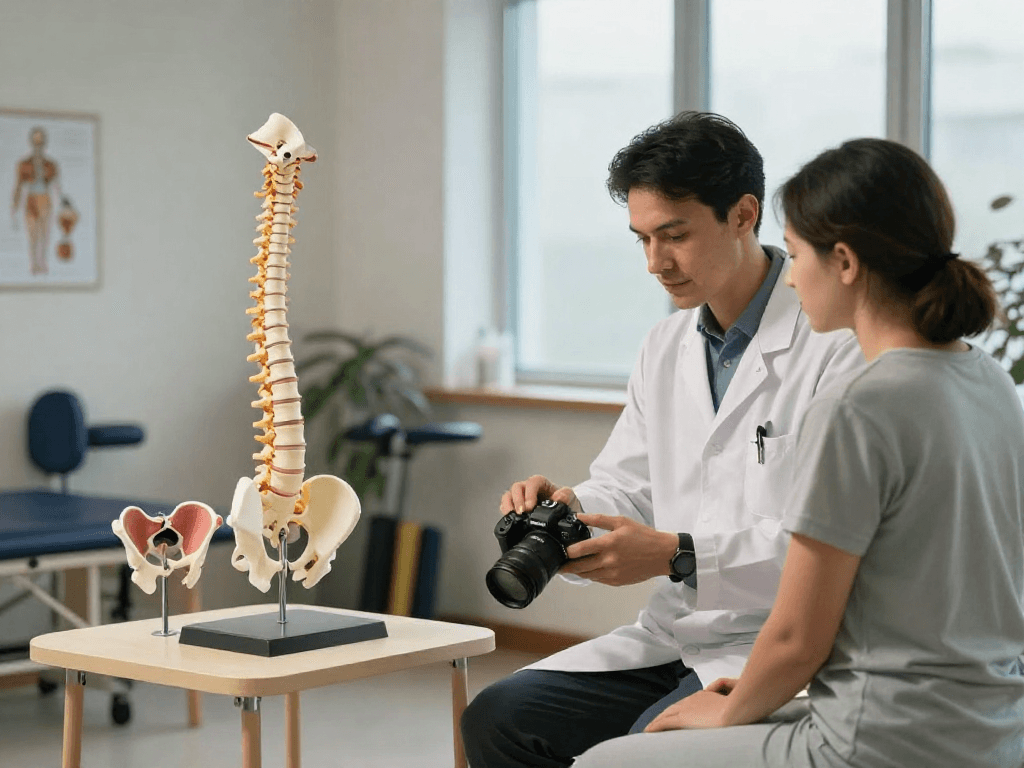 Consultation on bel fıtığı ameliyatı in a health clinic, showcasing patient-doctor interaction and treatment options.