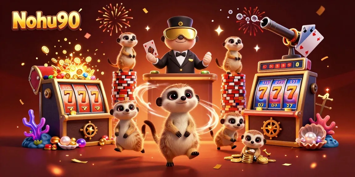 Nohu90 players winning big at a vibrant casino scene with engaging slot machines and meerkat characters.