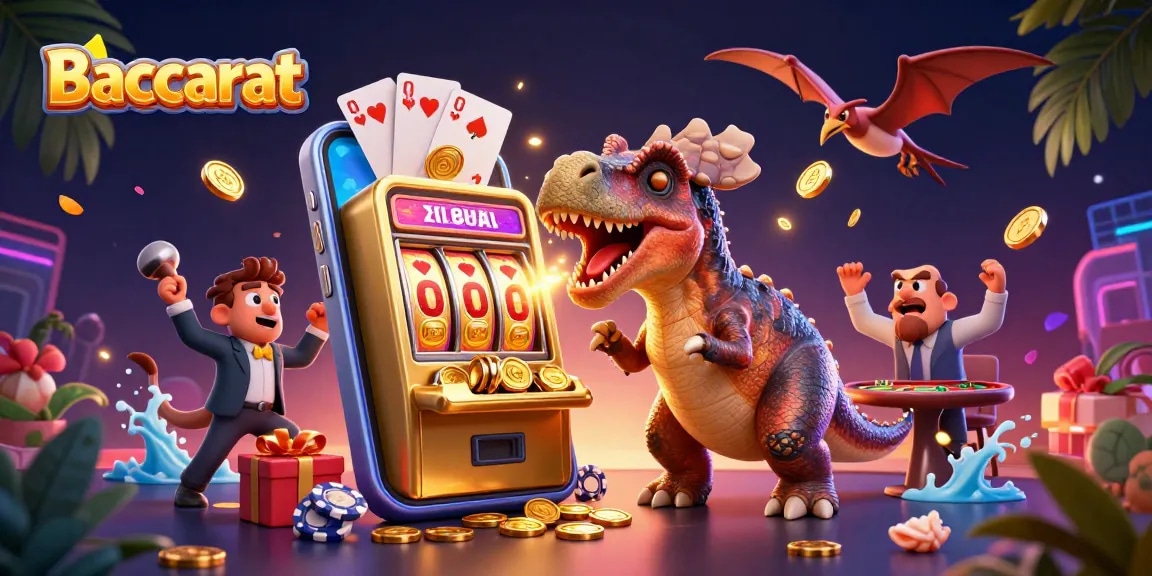 Baccarat action scene with cartoon characters interacting around a slot machine and colorful game elements.