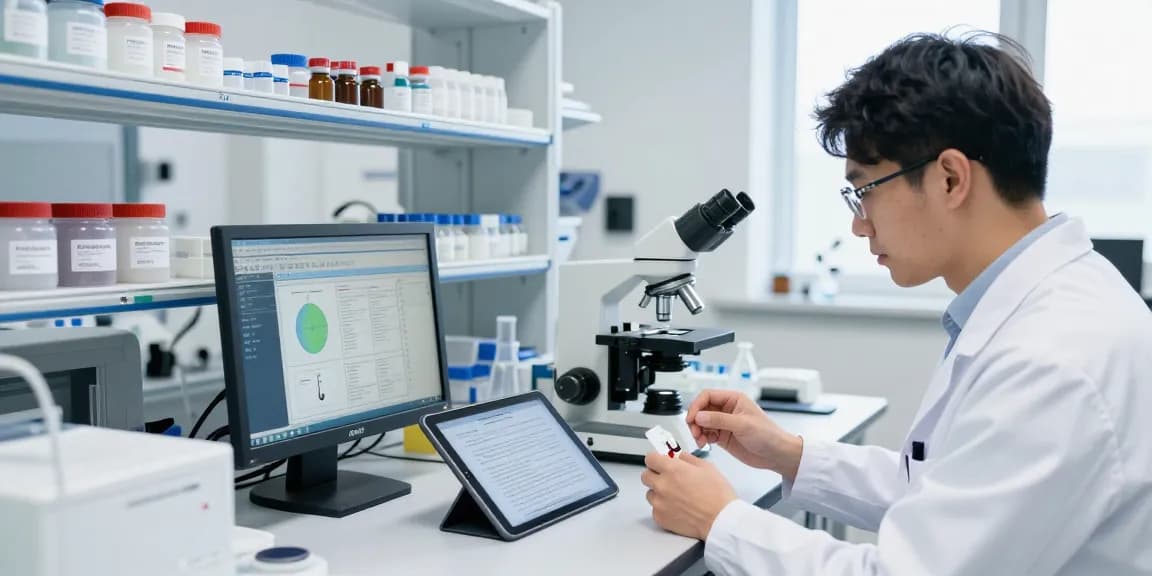Researcher at Swiss Chems Labs analyzing high-quality peptides and SARMs in a modern laboratory.