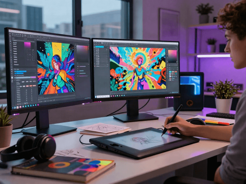 Artist creating vibrant nsfw ai digital artwork in a modern workspace.