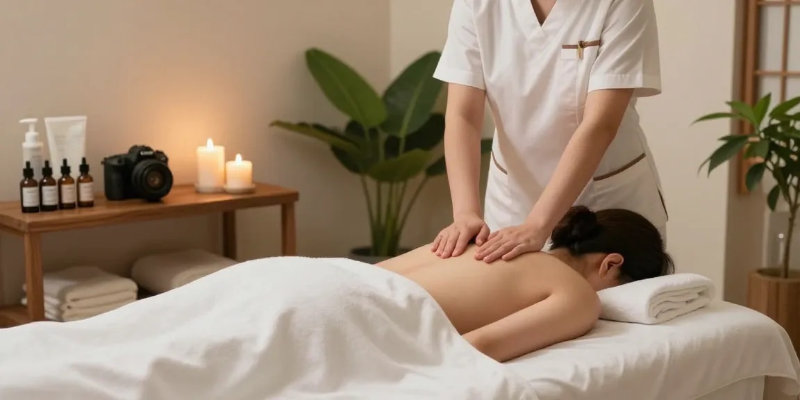 Relaxing 구로마사지 session in a serene spa with calming atmosphere and soothing therapist.