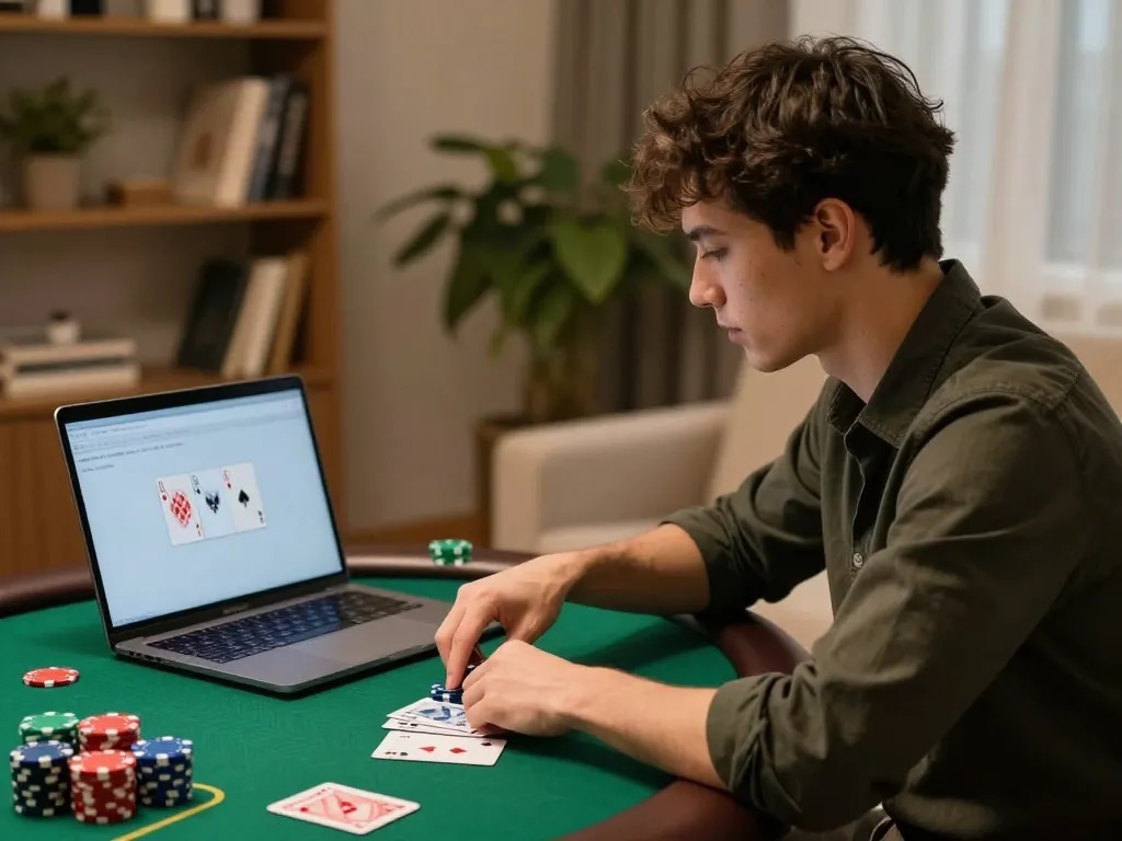 Player enjoying kubet online poker, chips visible on screen in a cozy home setting.