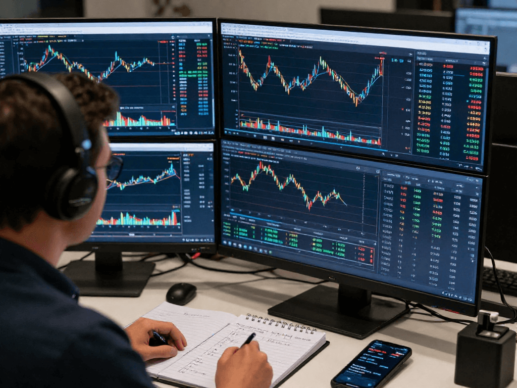 展示TradingView官网的专业交易环境,交易者专注于市场图表的分析,配备多个显示屏和技术指标。