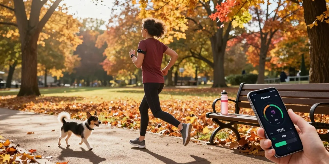 Aktivitas sehat dengan Fitbit Luxe dari https://www.polarfitbitshop.com/fitbit-luxe/ di taman musim gugur yang indah.