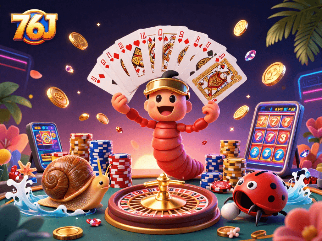 Divirta-se no cassino 76J com um dealer milípede e um caracol apostando em fichas.