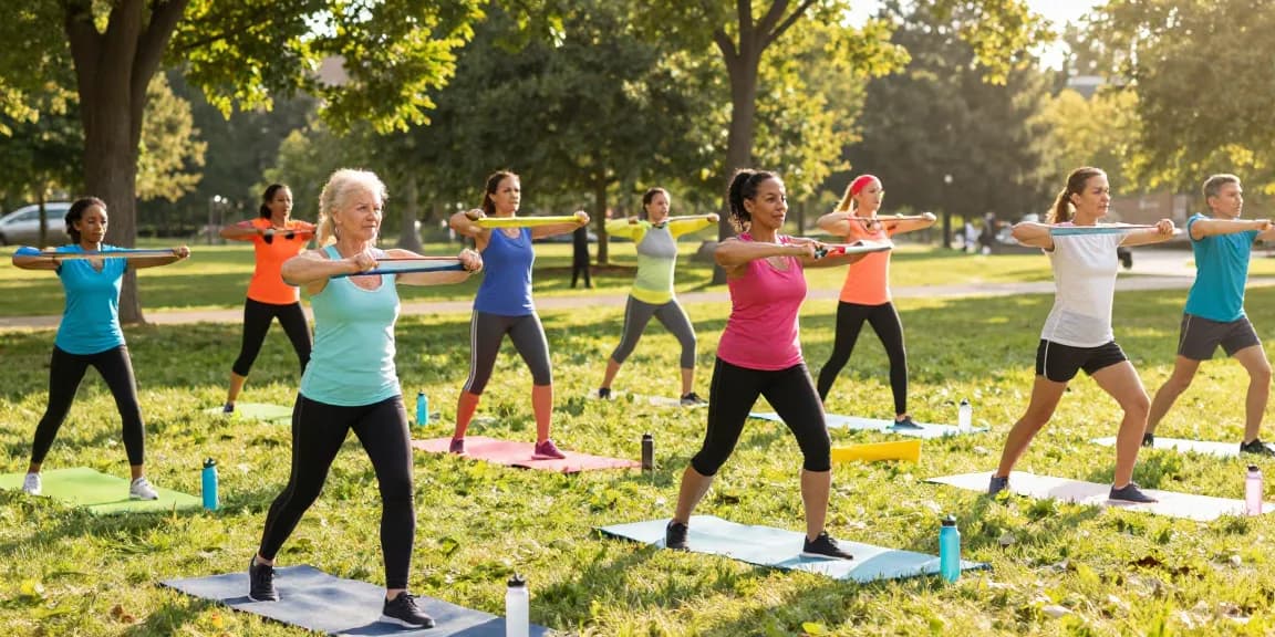 A dynamic outdoor fitness scene illustrating rokok88 participants enjoying circuit training in a sunny park.