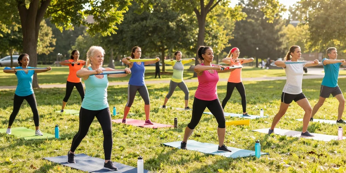 A dynamic outdoor fitness scene illustrating rokok88 participants enjoying circuit training in a sunny park.