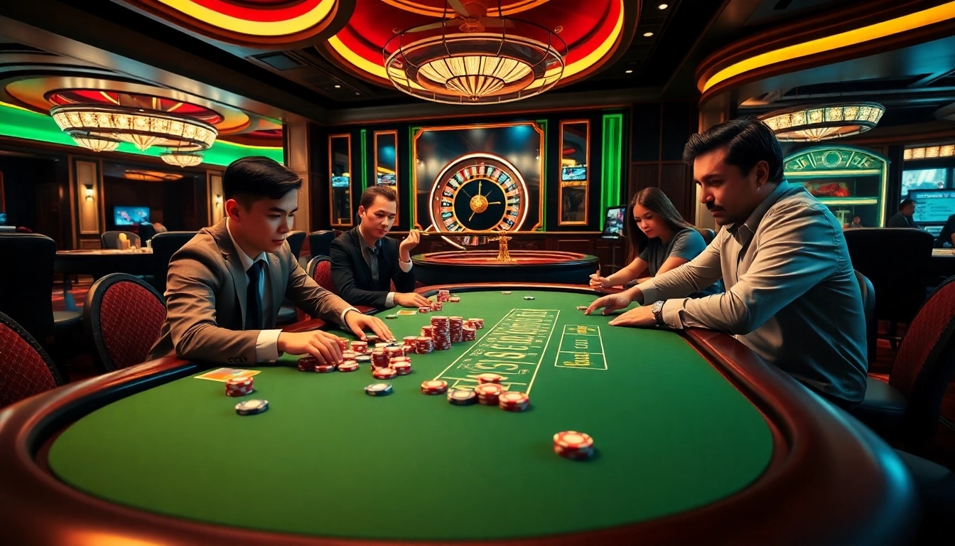 U888 players enjoying a vibrant and luxurious casino atmosphere, focused on poker and roulette.