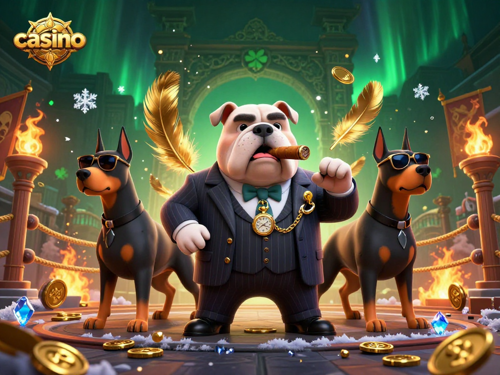 Experience thrilling casino action with a 3D mafia boss bulldog and Doberman guards amidst gold coins.