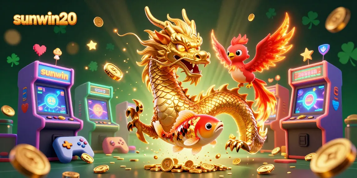 Engage with sunwin20's thrilling adventure featuring a dragon, phoenix, and koi in a vibrant casino scene.