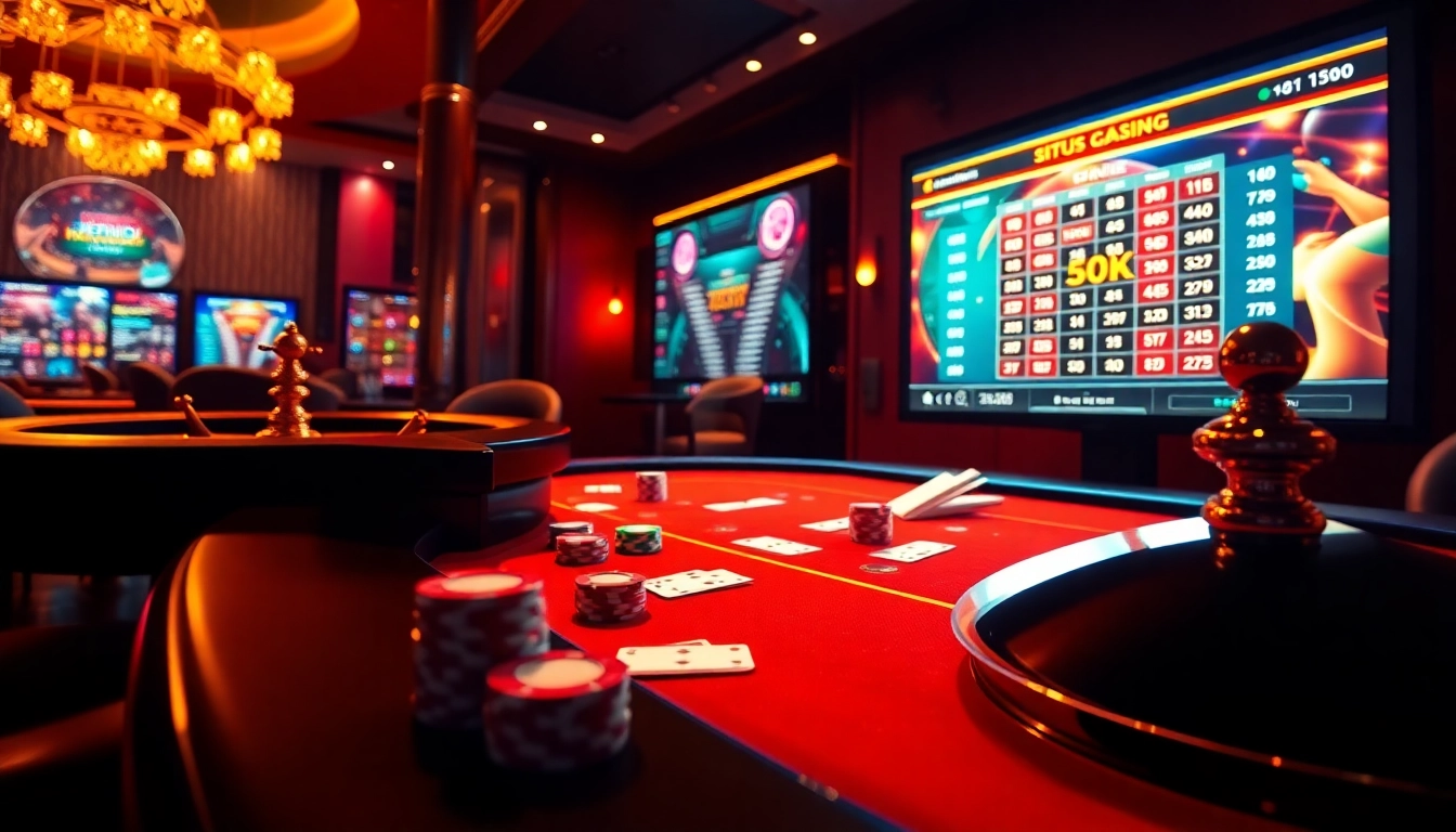 Situs deposit 5k: Pemain merayakan kemenangan di meja poker kasino mewah dengan chip berwarna-warni.
