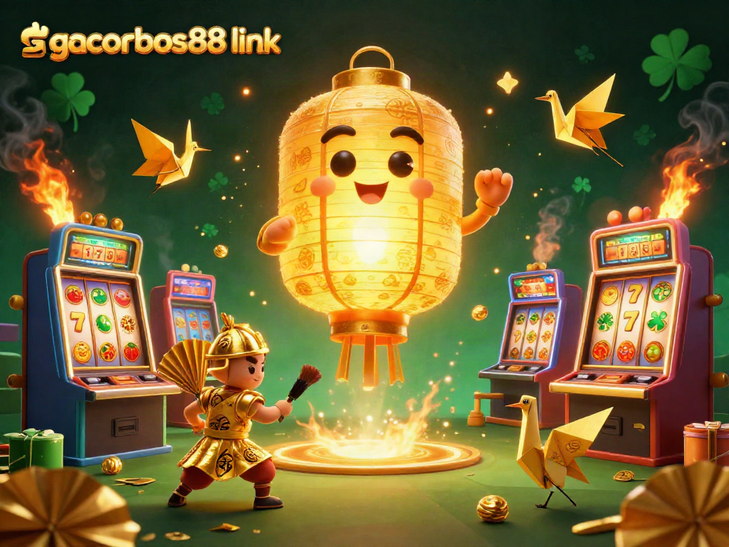 Experience the excitement of spinning slots with gacorbos88 link in this vibrant 3D casino illustration.
