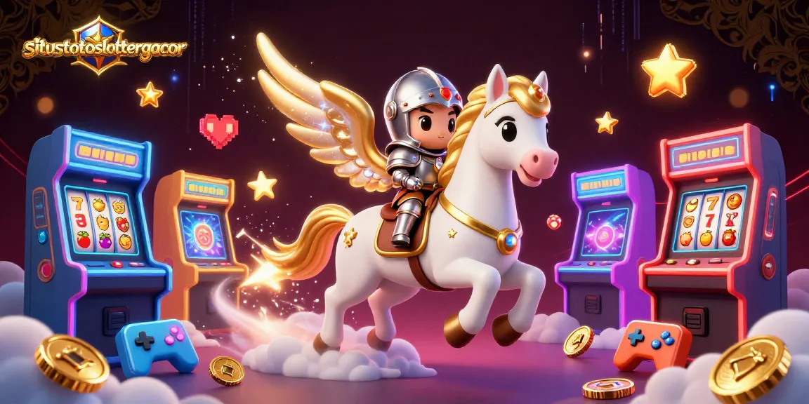 Experience situstotoslottergacor with a dynamic 3D illustration of a celestial horse and knight amidst slot game excitement.