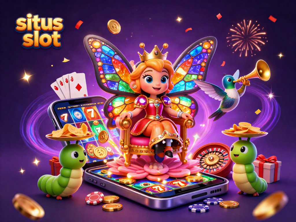 Situs slot showcases a colorful scene with a butterfly queen and engaging game elements, perfect for casino lovers.