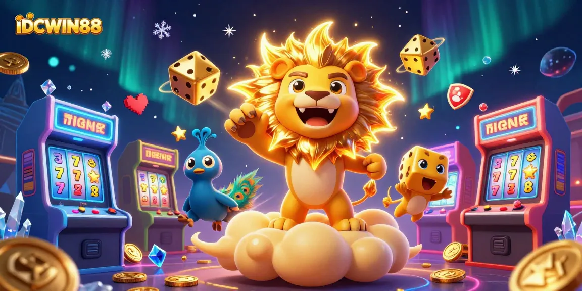 Engage with IDCWIN88's vibrant casino atmosphere featuring a roaring lion, dazzling game elements, and dynamic visuals.