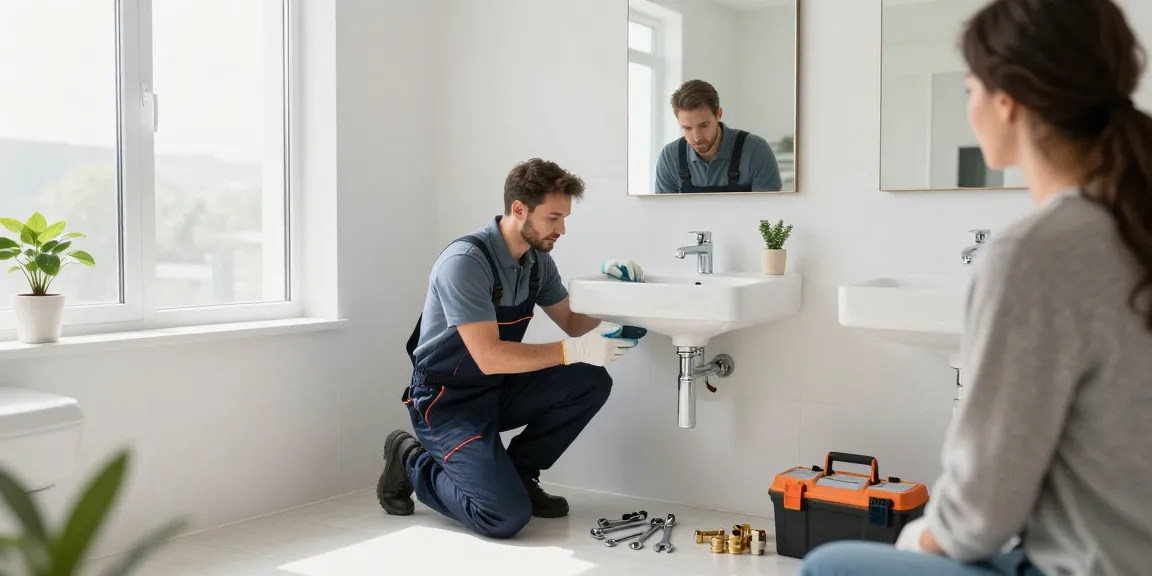 Professional plumber providing reliable plumbing services in a modern bathroom, showcasing tools and collaboration with a customer.
