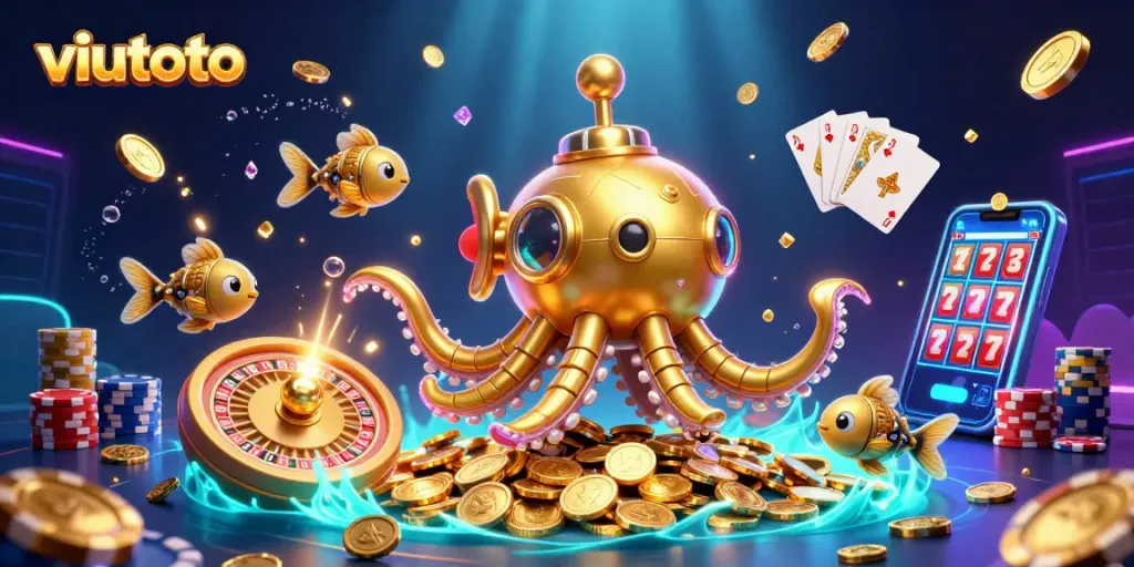 Menangkan taruhan seru di viutoto dengan ilustrasi 3D kraken dan mata uang emas.