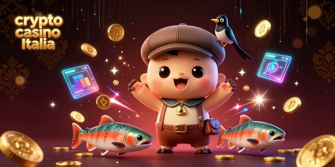 Scopri i vantaggi di crypto casino Italia con una vivace illustrazione di Nessie e monete Bitcoin.