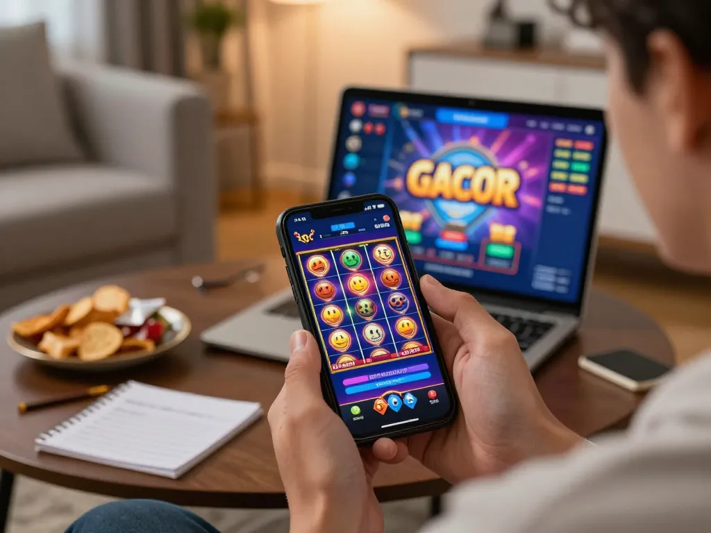 Pemain yang terlibat menikmati slot gacor di smartphone di rumah, dikelilingi oleh catatan taruhan dan camilan.