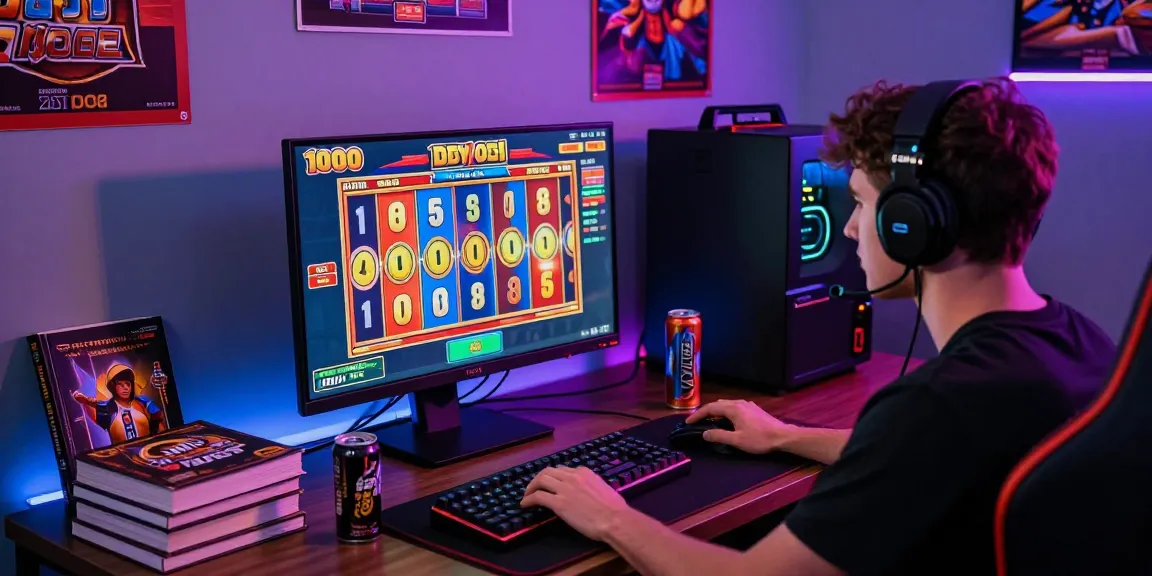 Engaging online gaming setup featuring slot deposit 1000 excitement with colorful slots on a monitor.