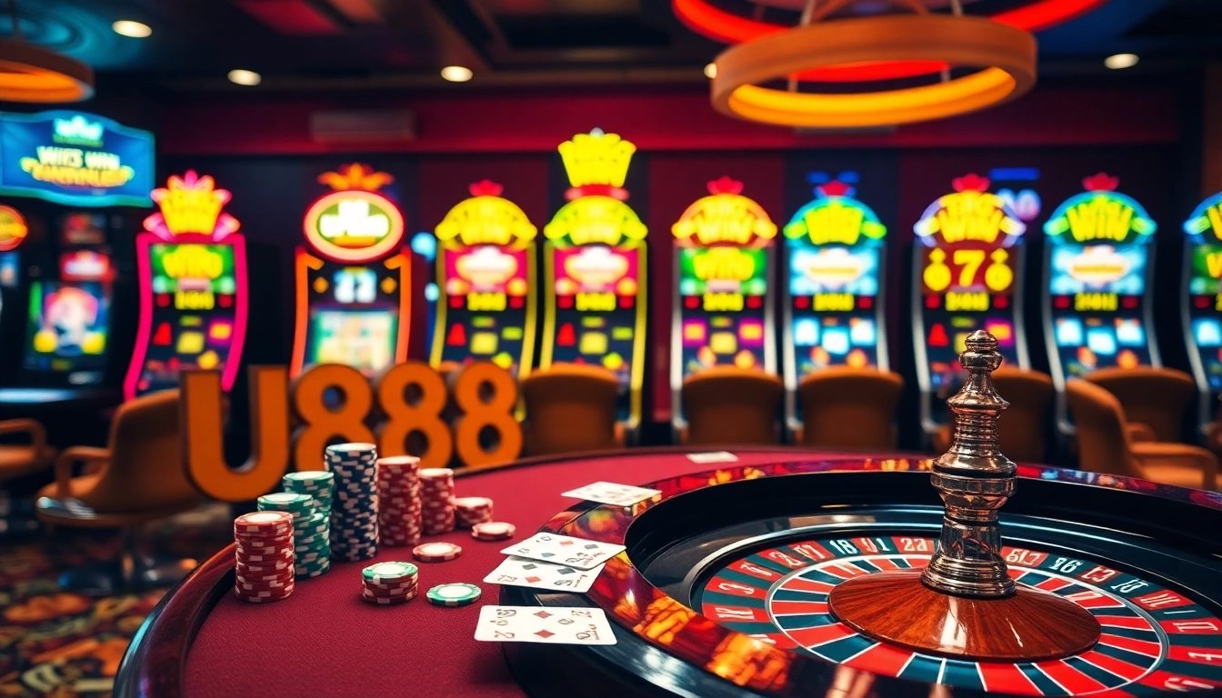 U888 casino table with vibrant chips and poker cards in an exciting gambling scene.