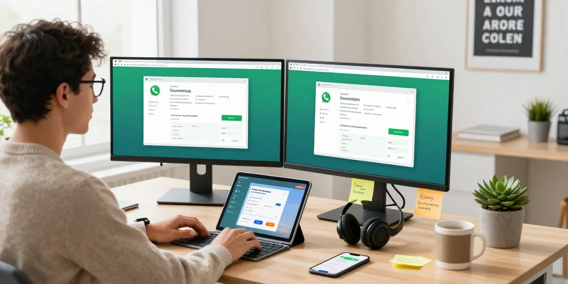 Desktop setup featuring WhatsApp電腦版 with dual monitors and productivity tools, creating an engaging remote work environment.