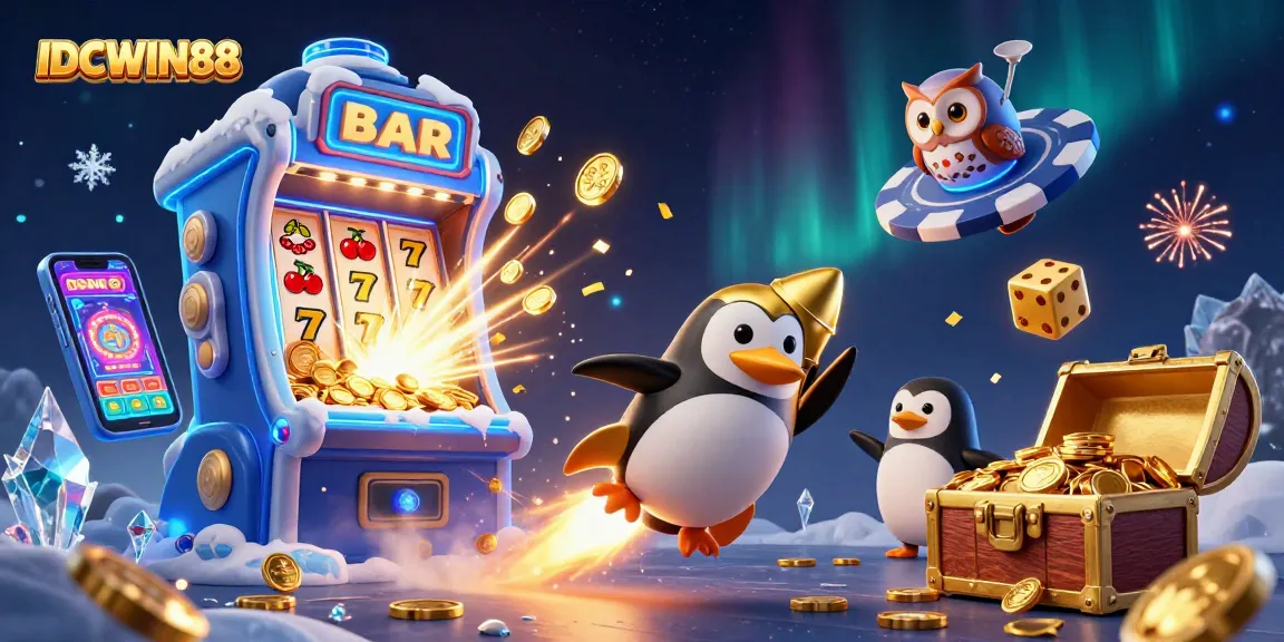 Engage with IDCWIN88 and enjoy the thrill of dynamic casino gameplay featuring a golden penguin soaring through a vibrant space.