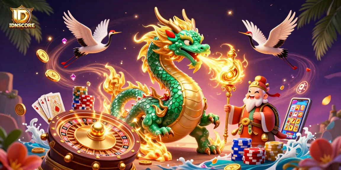 Experience the thrill of IDNSCORE with a captivating gaming scene featuring innovative characters and casino elements.