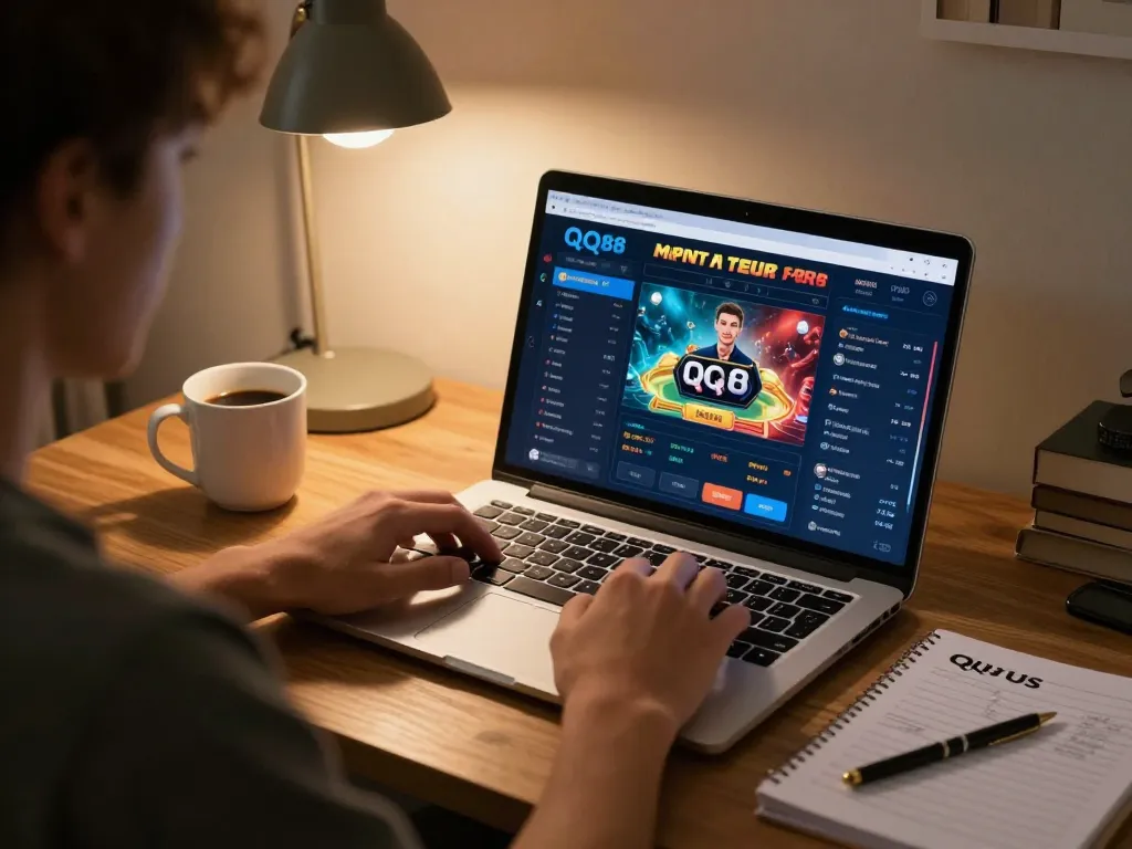 Engaging in QQ88 online gaming, a player enjoying a laptop casino experience with warm ambiance.