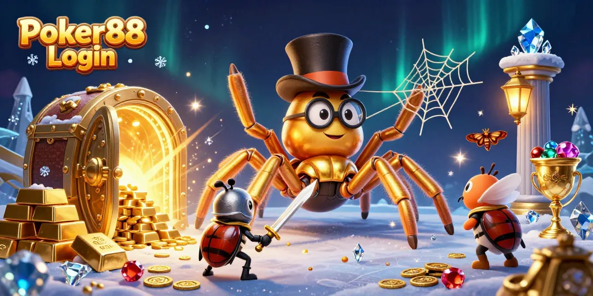 Engage with Poker88 Login through an enchanting scene of a golden tarantula, beetle knight, and dazzling gems.