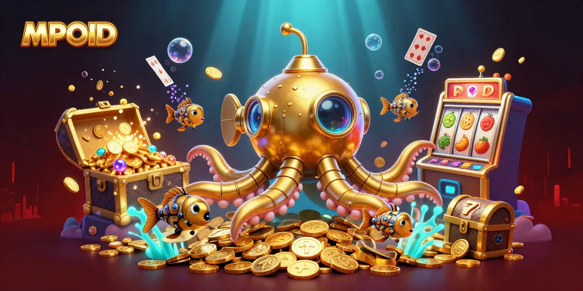 MPOID showcases a dynamic casino-themed scene filled with golden coins, game elements, and lively characters.