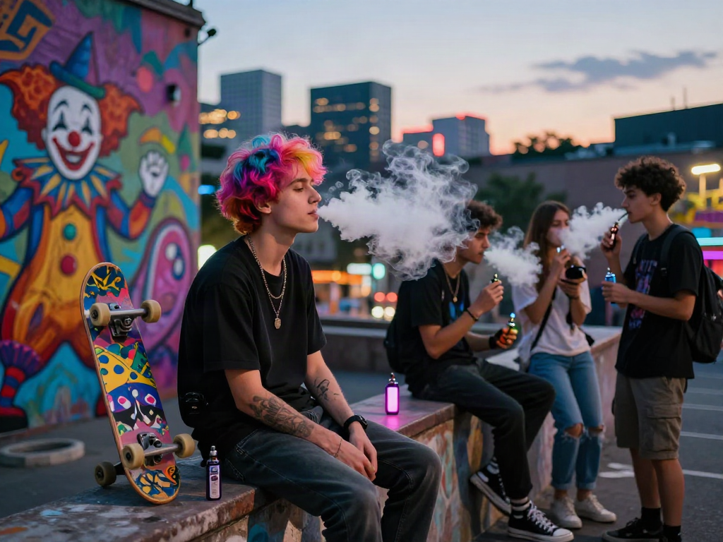 Youthful vaper enjoying clown vape in urban twilight atmosphere.