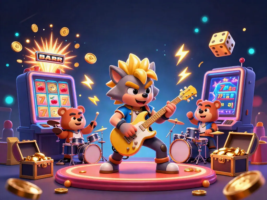 LC88 features an animated casino scene with a rock star wolf and a bear drummer, showcasing exciting gaming elements.