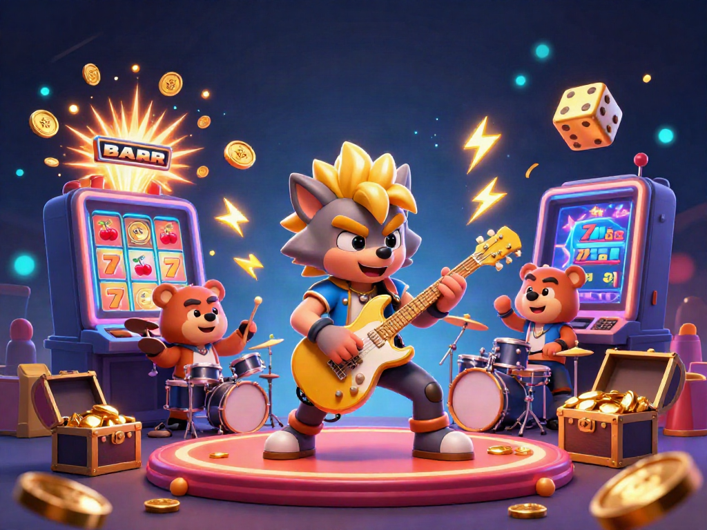 LC88 features an animated casino scene with a rock star wolf and a bear drummer, showcasing exciting gaming elements.