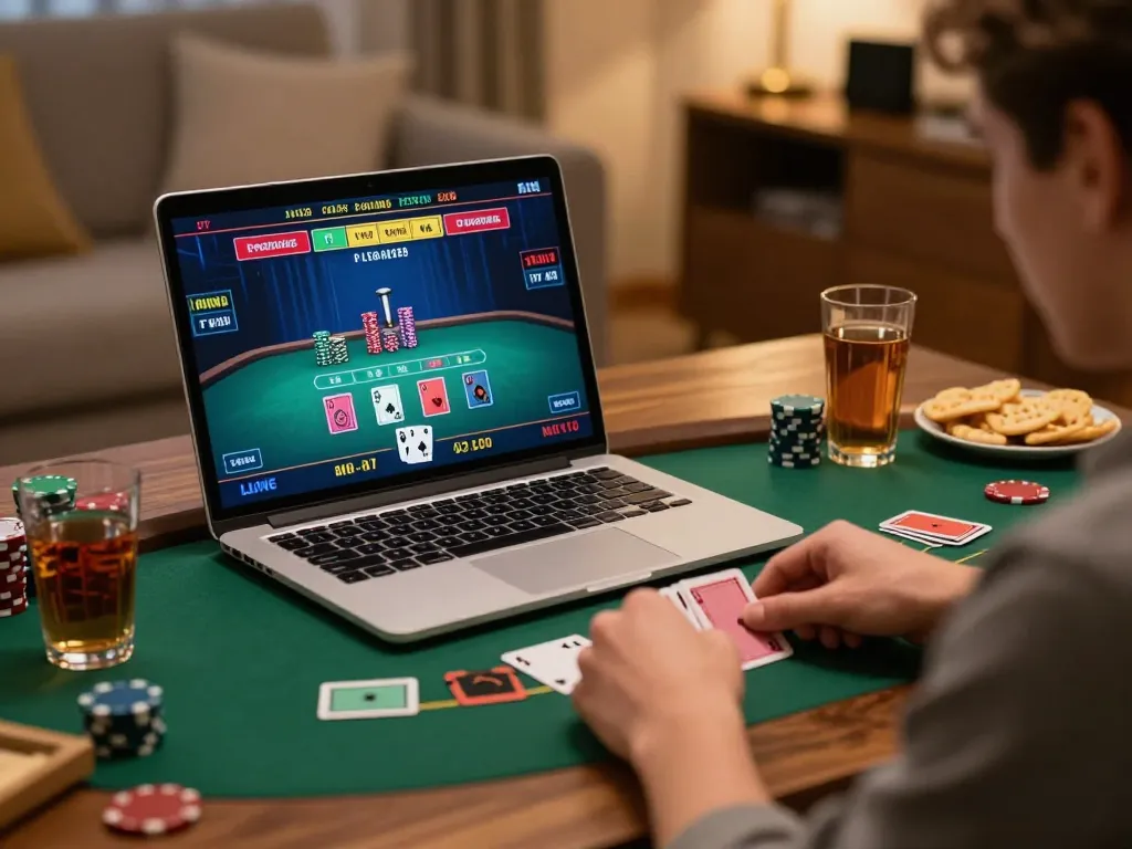 Player enjoying an exciting tr88 blackjack game online at home, showcasing cards and strategic focus.
