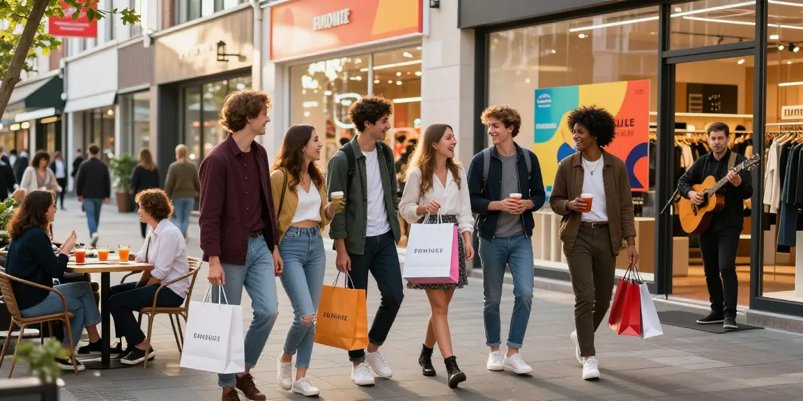 Friends enjoying urban shopping experience in vibrant retail district showcasing fashion trends and lively atmosphere