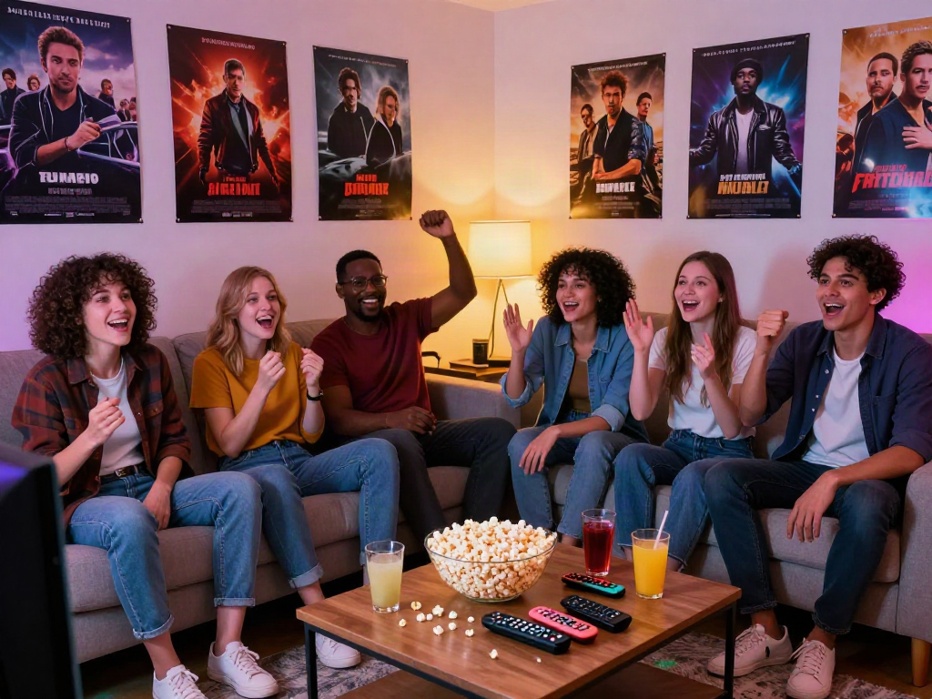 Friends enjoying a movie night on ZoeChip platform, cozy living room atmosphere.