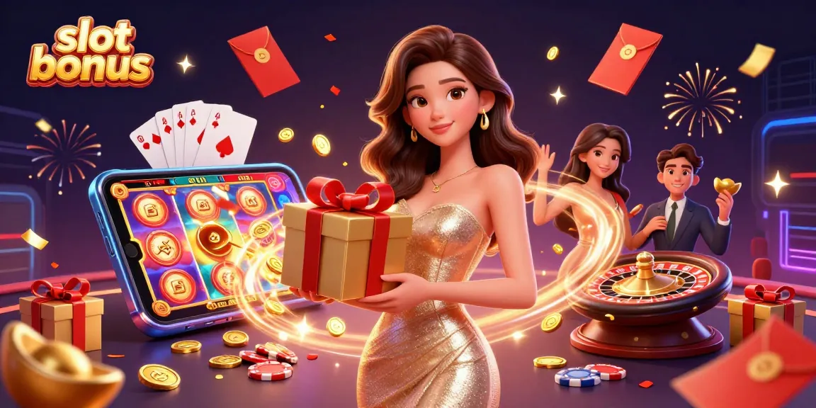 Engage with slot bonuses in a festive casino setting featuring golden coins, games, and celebrations.
