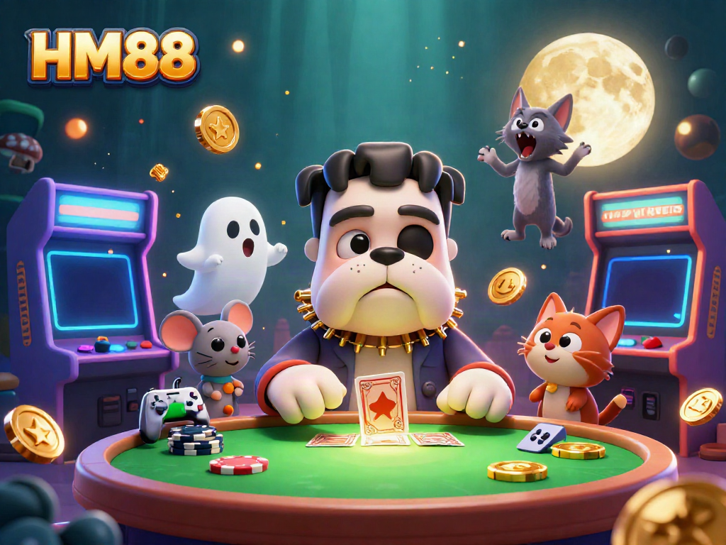 Experience thrilling card games at HM88 casino with vibrant 3D characters in a spooky setting.