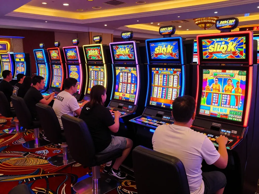 Players celebrating wins at vibrant link slot machines in a lively casino atmosphere.