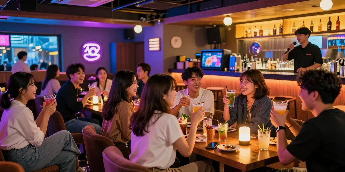 Exciting 제주유흥 ambiance featuring friends enjoying drinks and karaoke under vibrant neon lights.