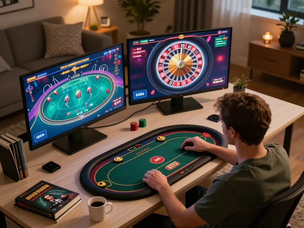 Player experiencing hiddenwiki gaming strategies in cozy home setting with multiple screens.