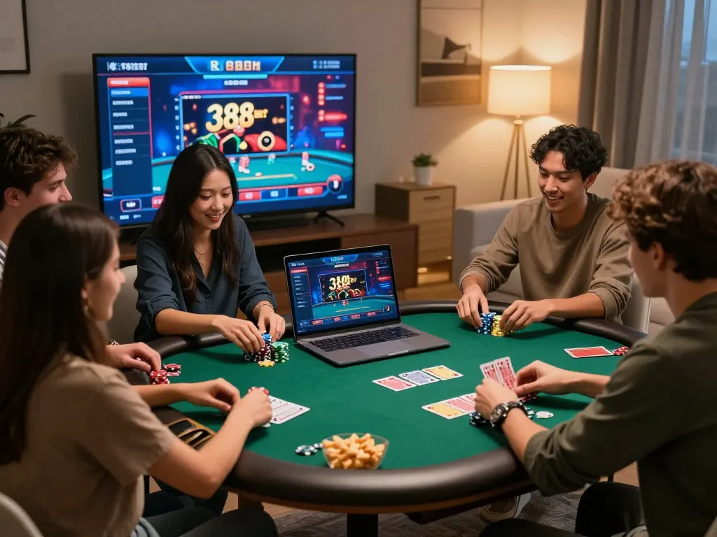 Engaging group of friends playing poker online at home with 388bet interface displayed on screen, creating a lively gaming atmosphere.