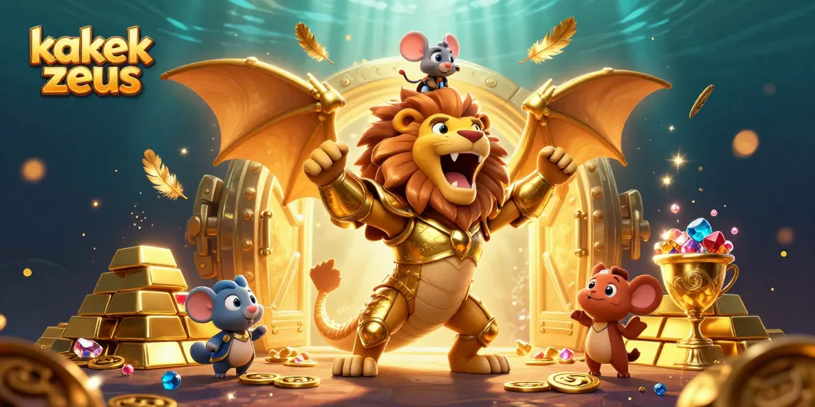 Engage in the thrill of kakek zeus as golden treasures explode around a chimeric creature and a brave mouse jockey.