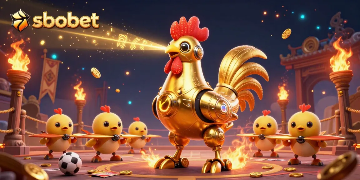 sbobet sports betting illustration with golden rooster robot and dynamic elements